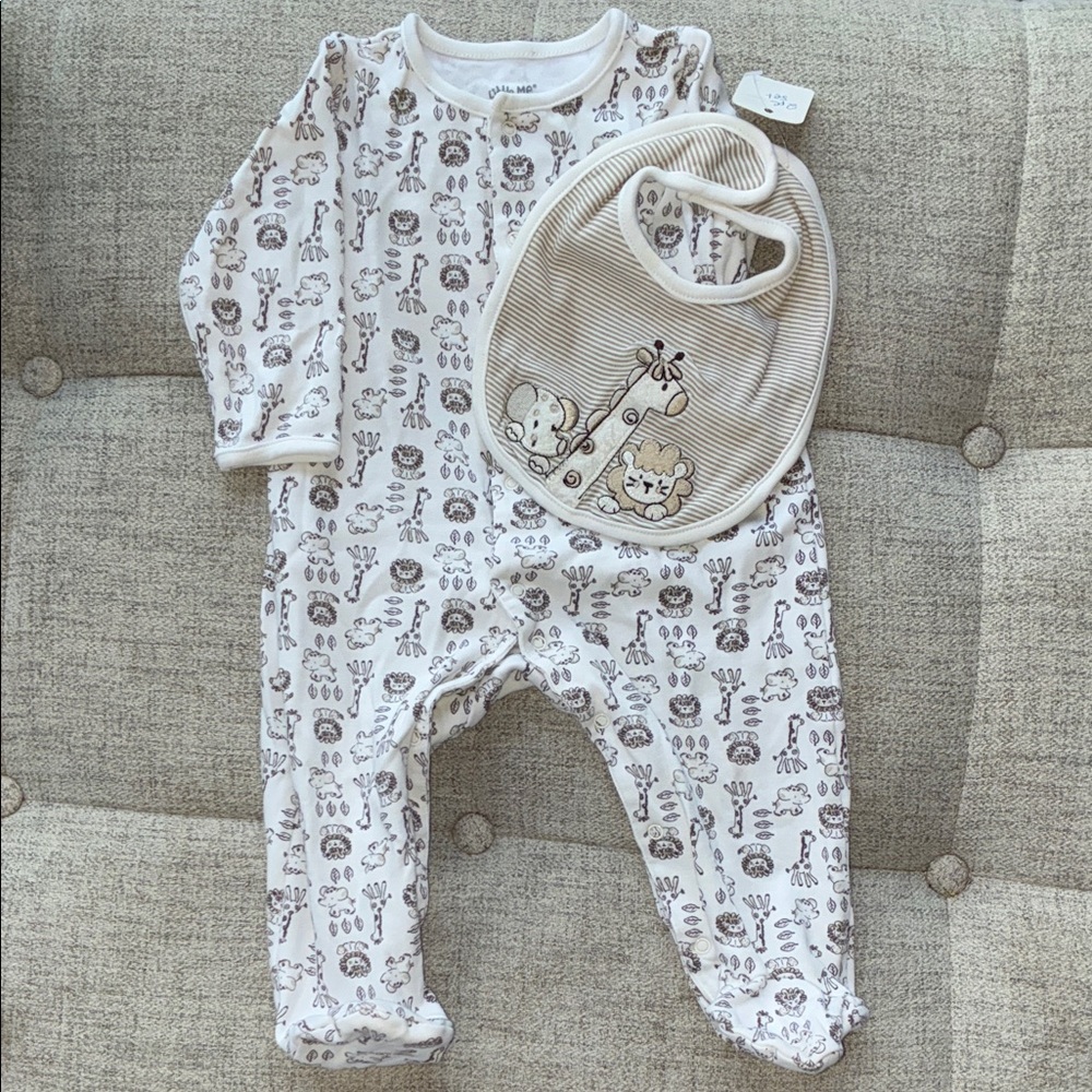 Little Me White and Gray Animal Print Footie with Bib